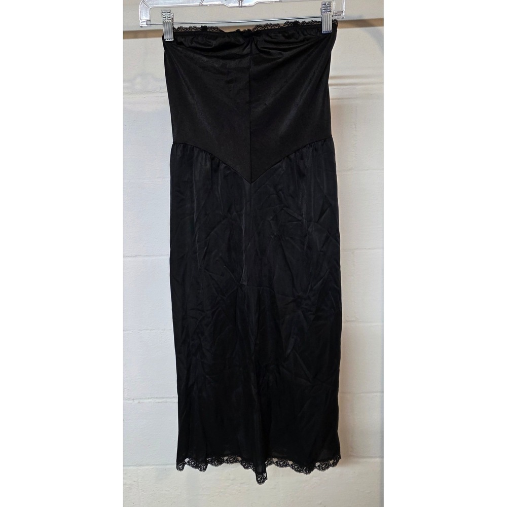 Vintage Vanity Fair Black Satin Strapless Slip Dress Lace Trim Midi Chemise